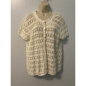 Dressbarn White Crochet Short Sleeve Cardigan 1/4Button Vtg Cottagecore 22/24